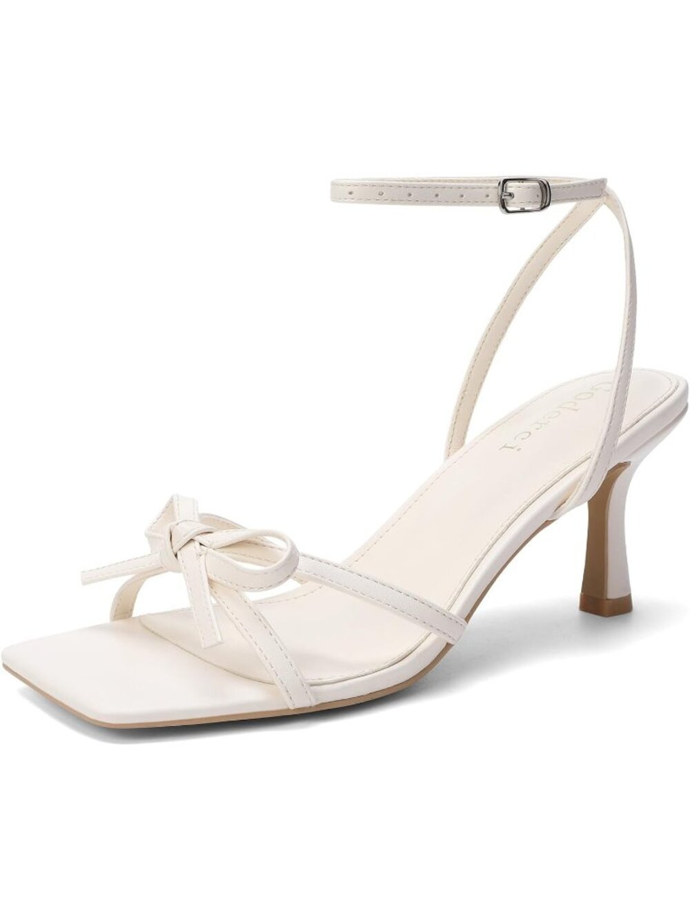 Women's Beige Kitten Heels with Bow Strappy Square Open Toe Mid Heeled Sandals
